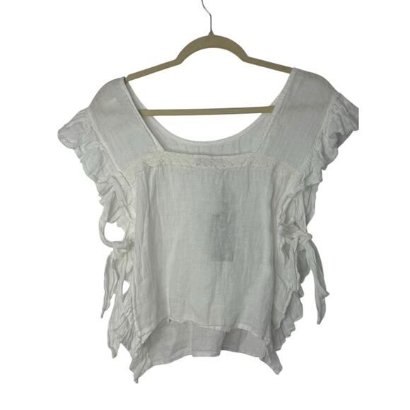 Terra Mia Italian Linen Top Women One Size White Lace 100% Linen Cottage Beachy - Picture 2 of 8